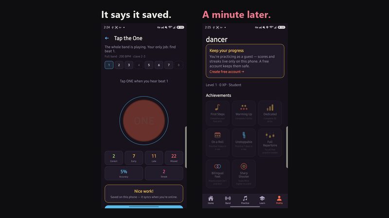 Two phone screenshots from SalsaCoach: a drill that says it saved, and a profile a minute later showing nothing was saved.